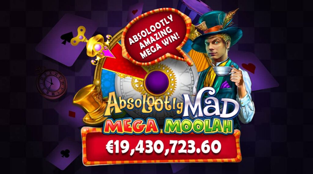 mega moolah jackpot winnings showing mad hatter and total of 19.4 million pounds